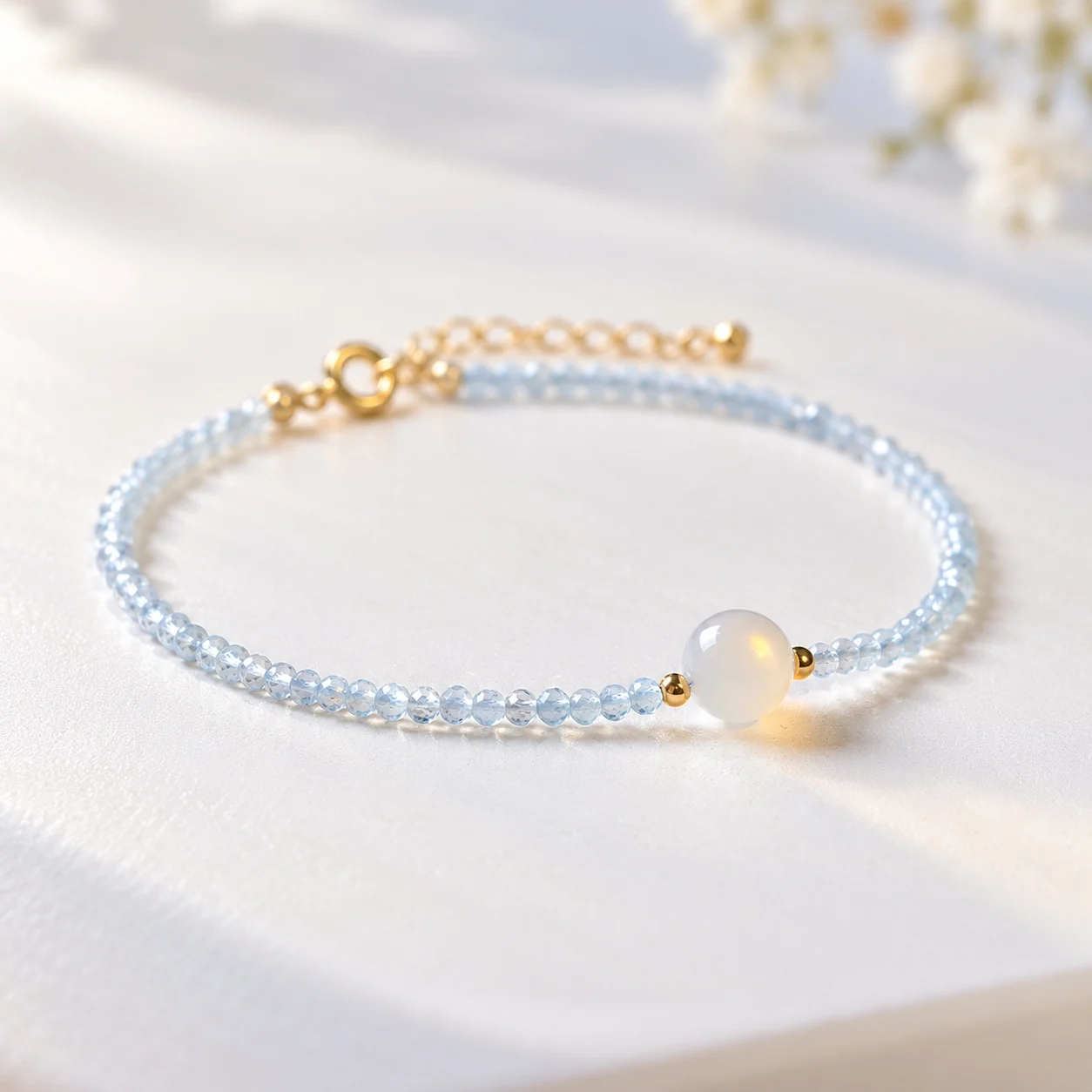 Extremely Thin Bracelet With Extension Chain Aquamarine White Moonstone Natural Crystal Light Blue Floral 2mm Width For Women