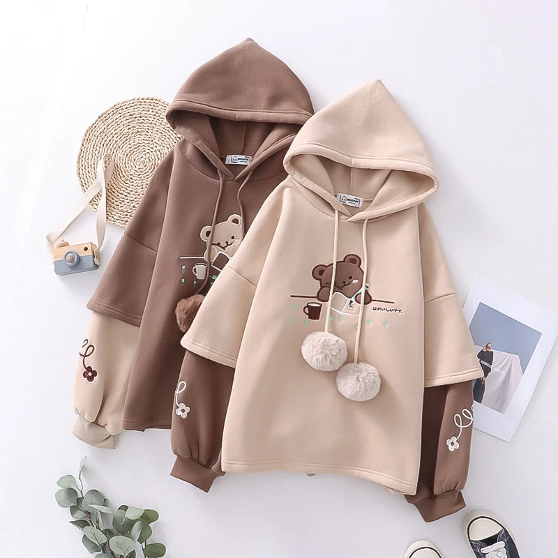 Japanese New Fleece-Lined Thickened Hooded Sweatshirt Cartoon Embroidery Drawing Bear Pullover Sweatshirt Academic Style Women\'s