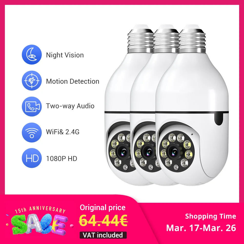 3PC Ease Life APP-Light Bulb Security Cameras Indoor Outdoor Wireless WiFi Camera 2.4GHz, 360 Degree, E27 Light Socket Screw In