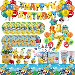 Pokemon Birthday Party Decorations Tableware Tablecloth Paper Cups Plates Napkins Backdrop Banner Pikachu Balloons Kids Gifts