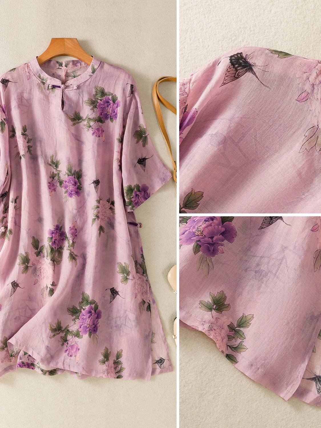 

Retro Chinese Sle Silk Printed irt Large Size Women's round Ne Buttoned Mid-Length Tea Costume Five-Quarter Sl...