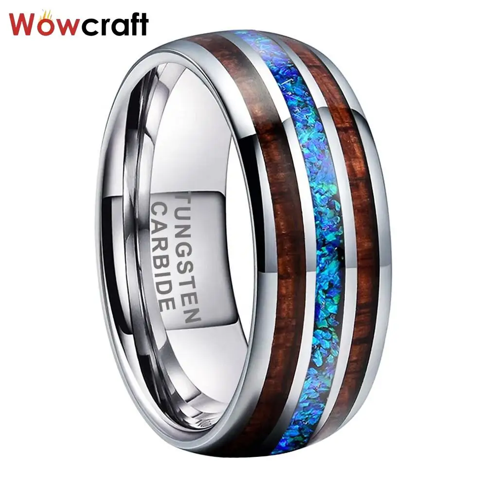 Tungsten Carbide Ring with Blue Opal Wood Inlay Wedding Band Engagement Promise Ring Comfort Fit