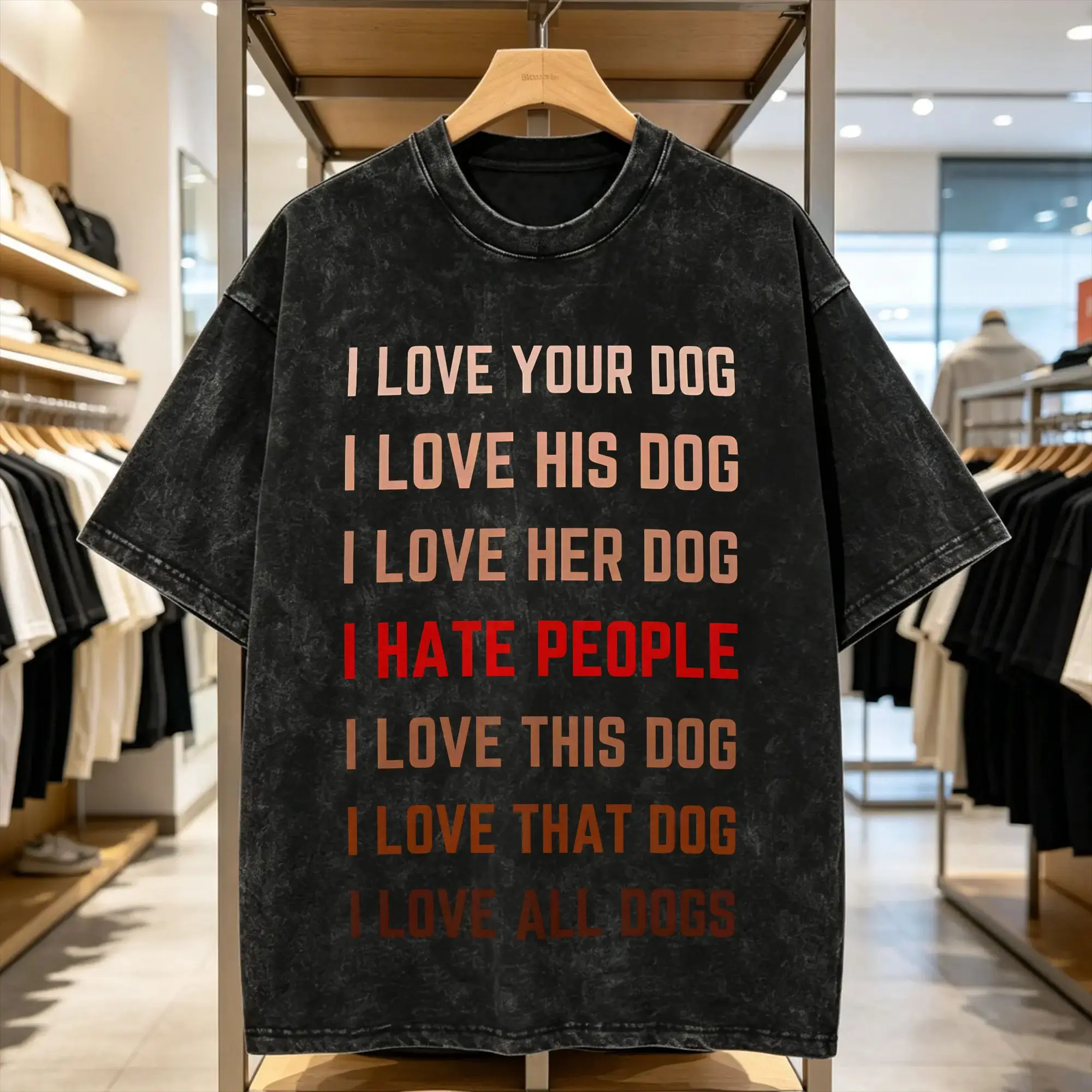 I Love Dogs And Hate People Washed T Shirt Man  Vintage Casual T-Shirts Summer O Neck Hip Hop Tees Pattern Plus Size Clothing