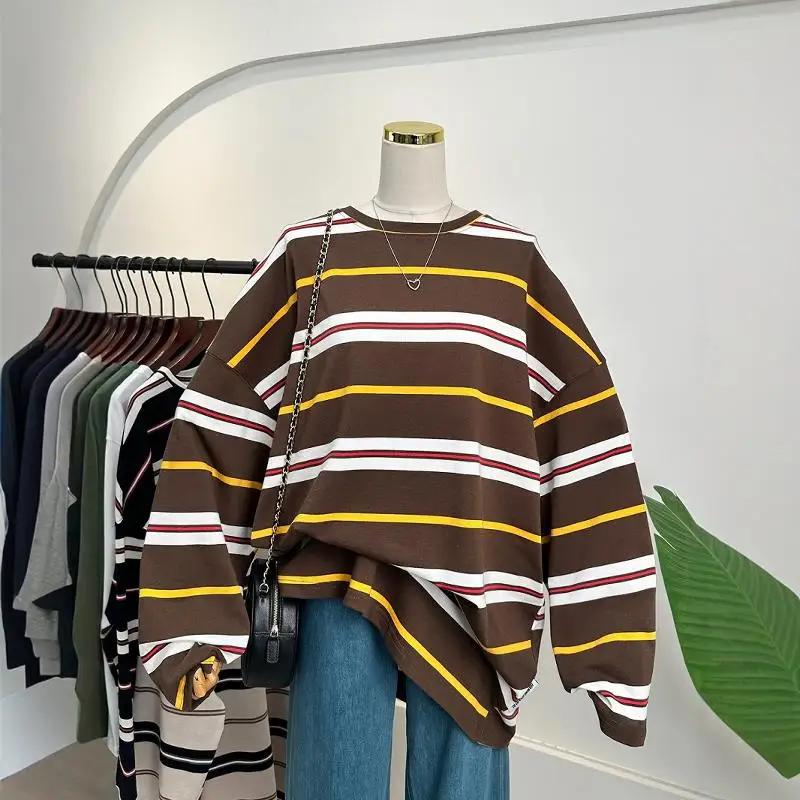 Extra Large 300 Pounds Long Sleeve T-Shirt Unisex Loose Fit round Neck Spring Autumn Stripe Pattern Casual Top for Teens