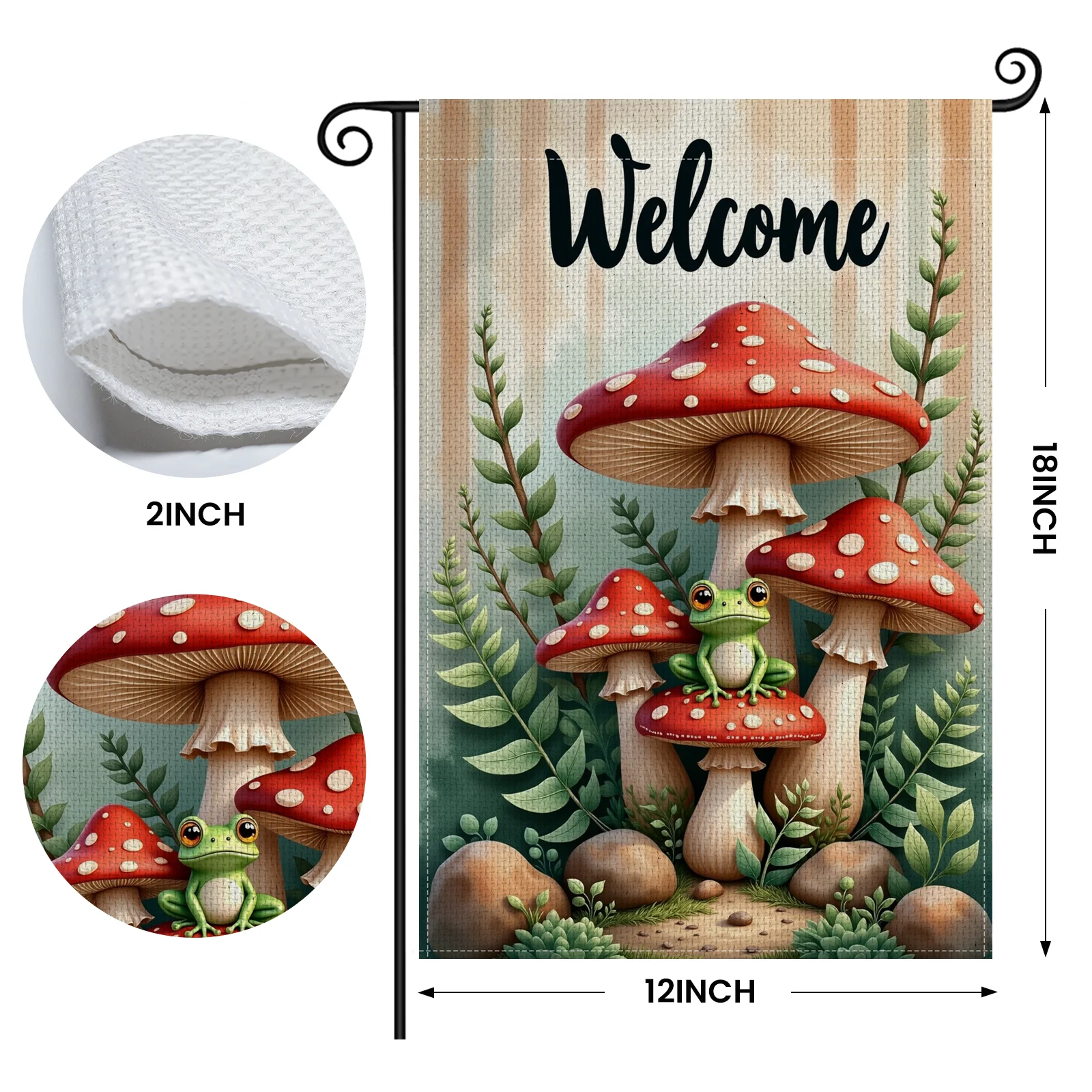 Welcome Garden Flag Frog Pattern Woodland Garden Banner Red Mushroom Print Natural Theme Outdoor Welcome Flag for Garden Decorat