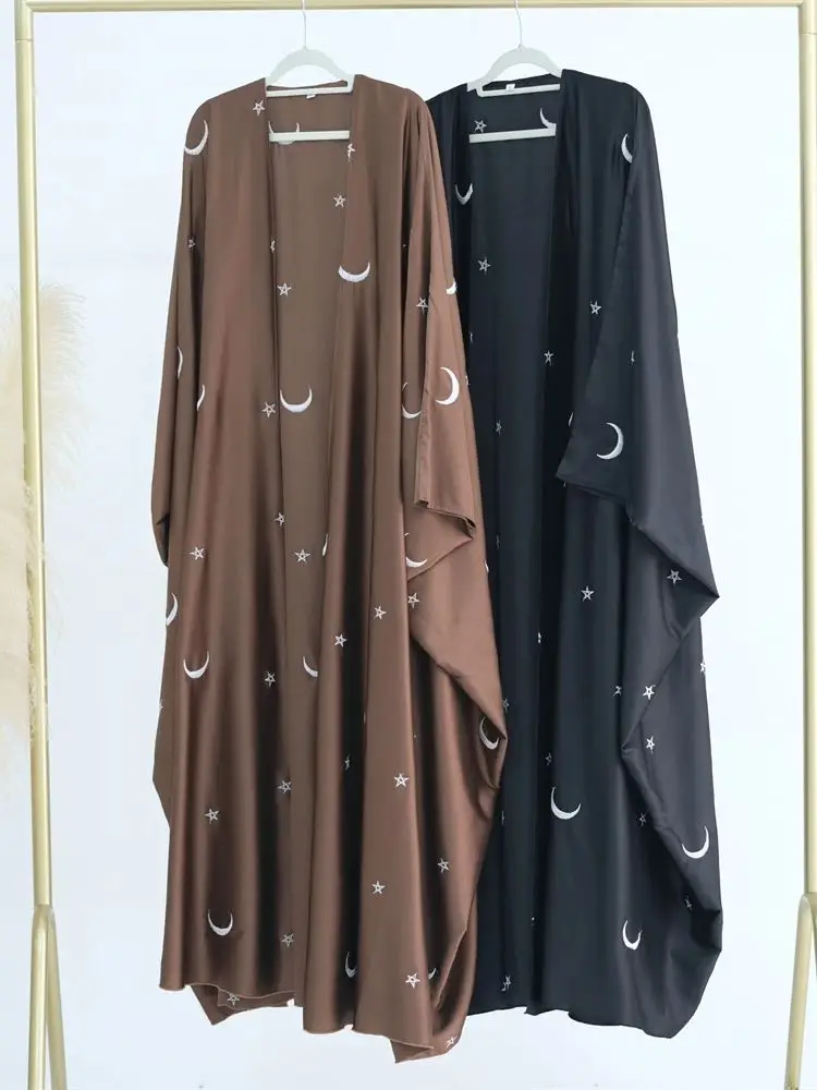 Open Satin Star Moon Embroidery Batwing Abaya Dubai Luxury Modest Kimono Muslim Palestine Abayas for Women Islam Clothing Kebaya