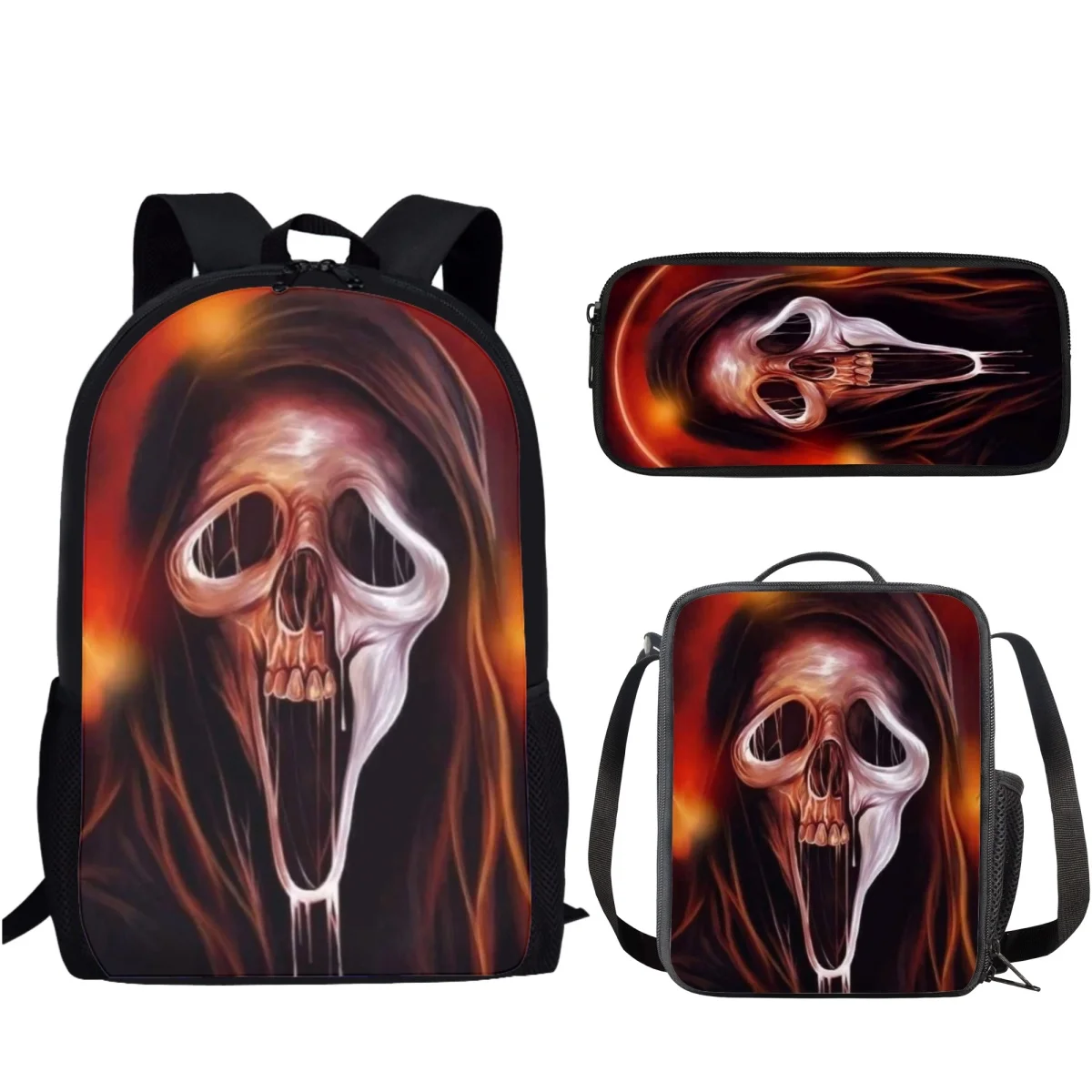 Herror Scream Pattern stampato 3 pezzi/set borsa da scuola per bambini ragazzi ragazze studente campus zaino portaoggetti quotidiano borsa da pranzo borsa per matite