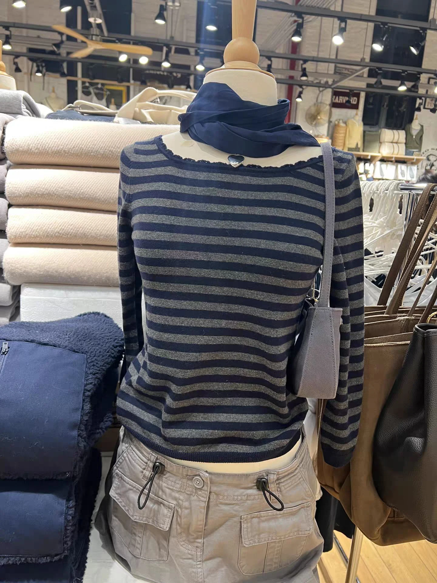 

Striped Three Quarter Sleeve T-shirts Woman Spring Lace Trim Scoop Neck Slim Crop Top Female Vintage Cotton Knitted Tee Shirts