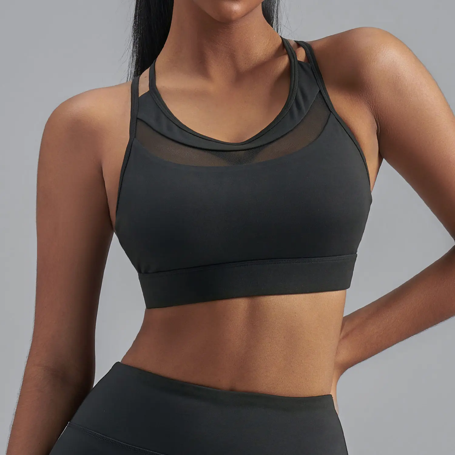 Women Strappy Back Mesh Sports Bra, Breathable Workout Crop Top with Elastic Hem, Supportive Yoga Bra for Fitness Running image 5