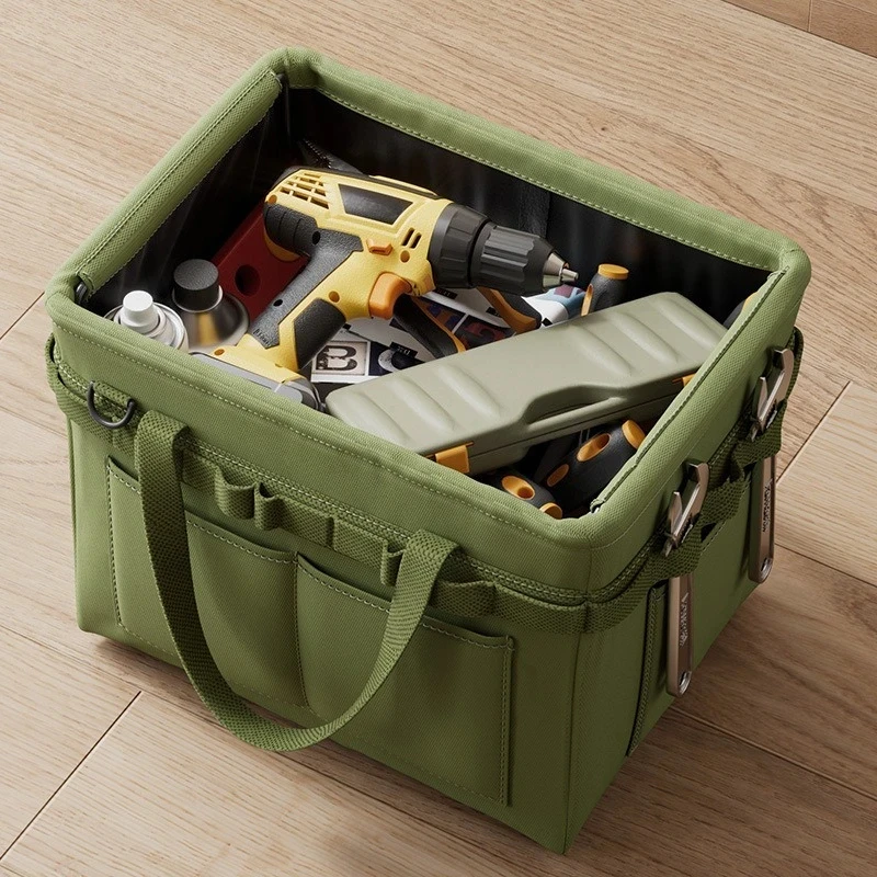 Heavy-Duty Foldable Tool Bag with Side Pocket, Large Capacity Oxford Fabric Organizer for Camping, Car Repair, Construction Work