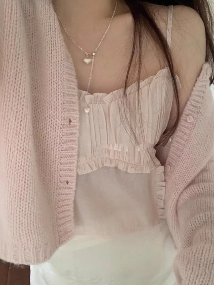 

Soft Pink Knitted Open Cardigan Women's Fashion Set Summer Spring V-neck Short Length Sleeve Long Sleeve Folded Wood Grain