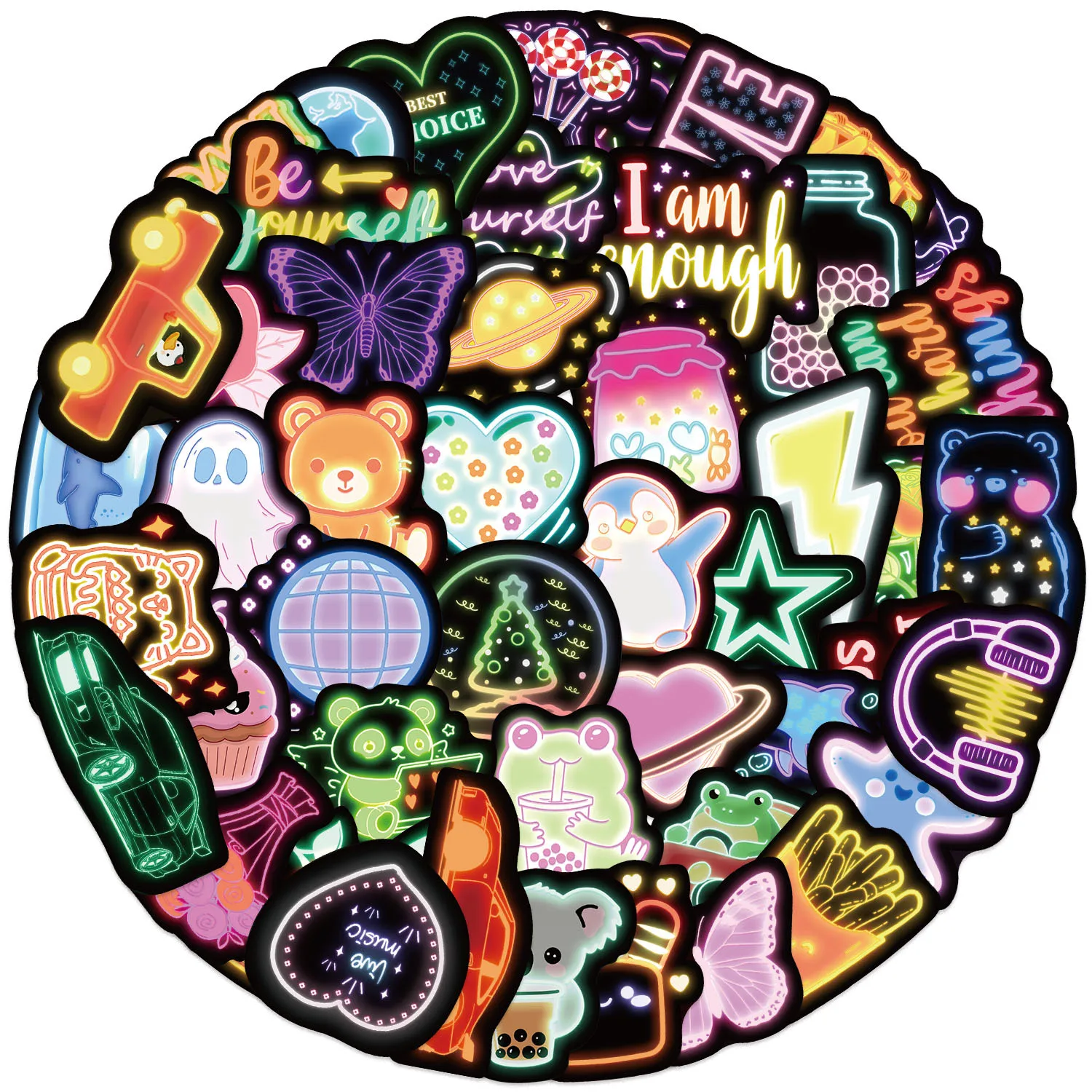 50PCS 만화 귀여운 항목 네온 낙서 스티커 기타 노트북 수하물 DIY 방수 스티커 장식