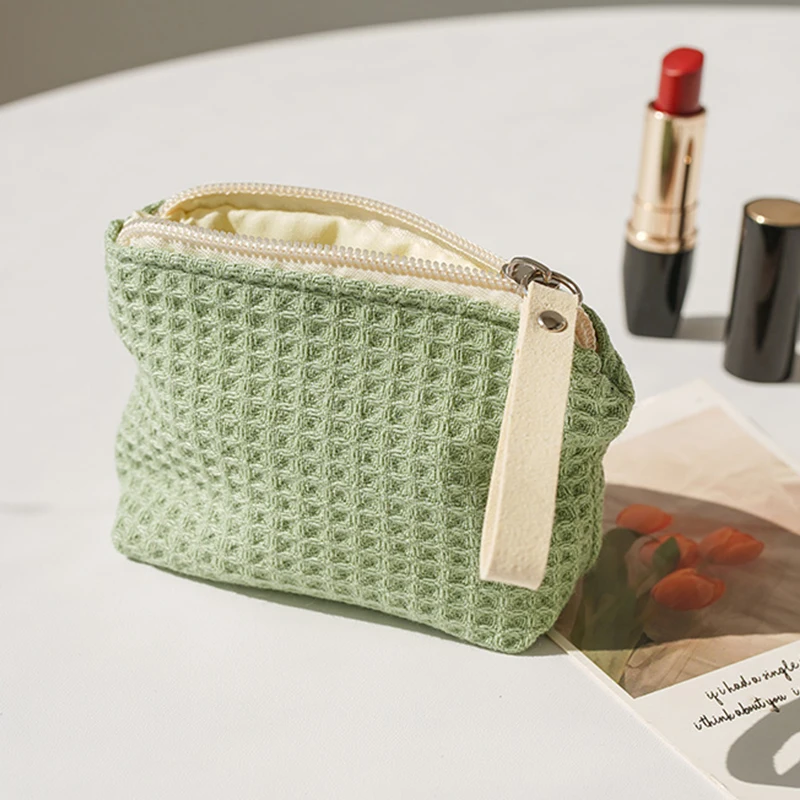 Women\'s Small Matcha Green Makeup Bag Portable Coin Purse Commuter Lipstick Headphones Storage Bag Double Canvas Chain Key Case