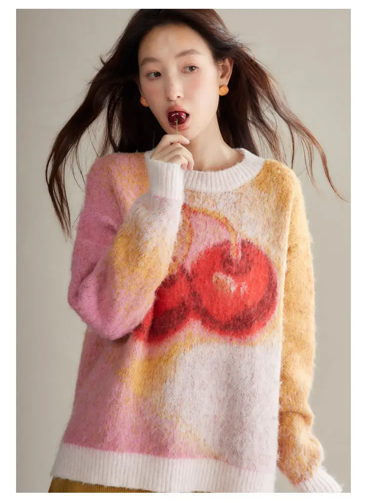 Sweater Cherry Print Round Neck For Women Sweet Autumn And Winter Loose Knitted Pullover Sweater For Women Fashionable