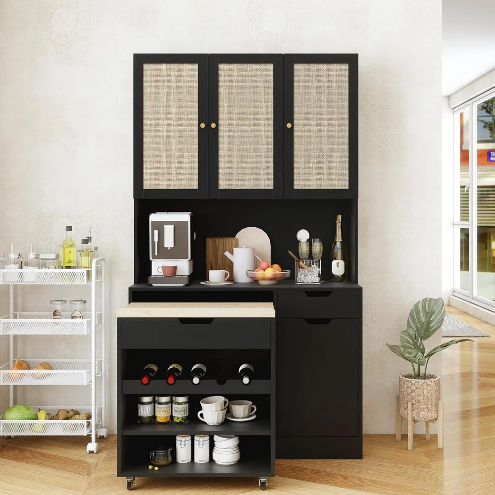 Modern Kitchen Pantry Cabinet with Sliding Cart and Adjustable Shelves