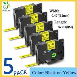 5PK Label Tape Laminated 6/9/12/18/24mm Compatible Brother Tze-611 621 631 641 651 Black on Yellow Cartridge For P-Touch PT-1000