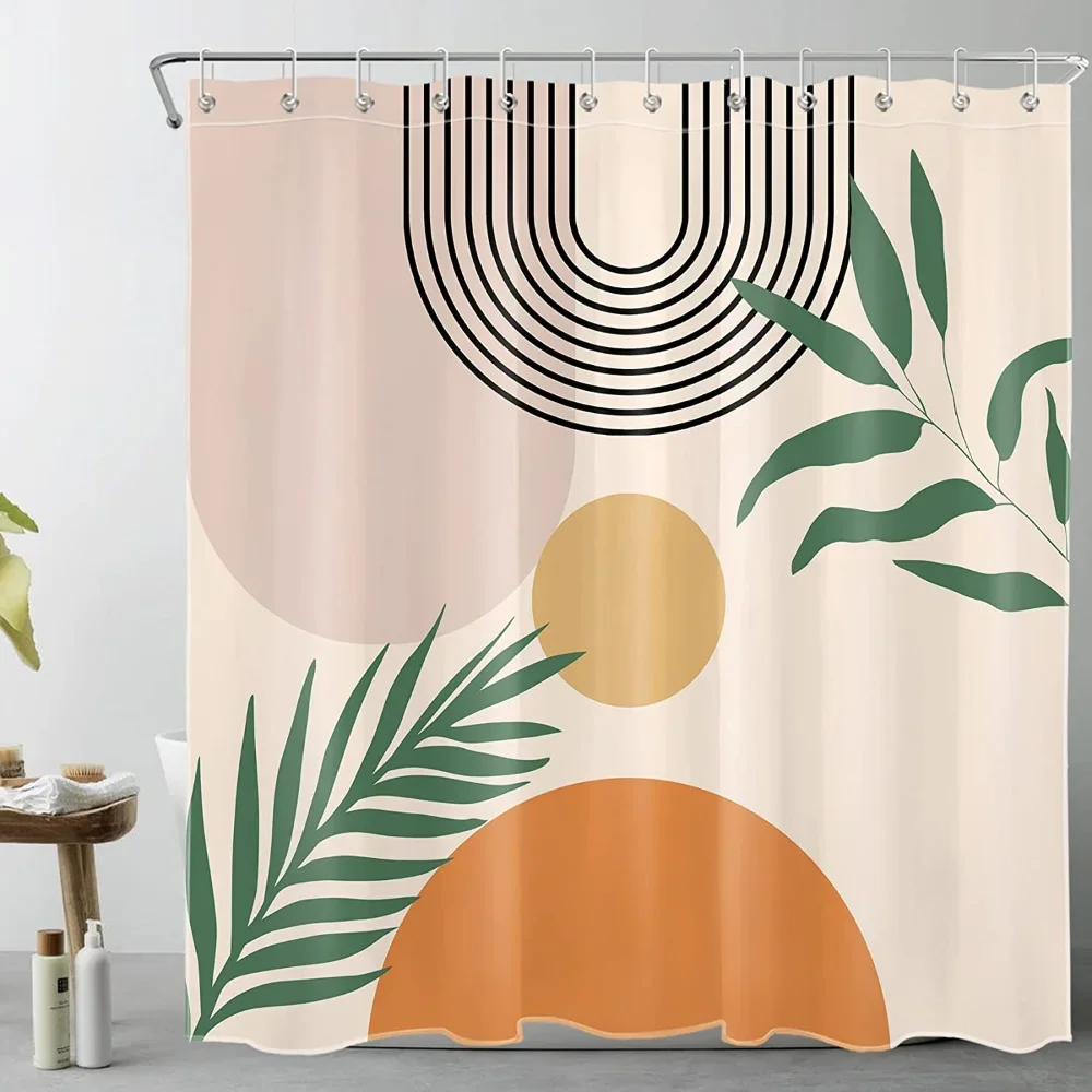 Mid Century Shower Curtain for Bathroom, Abstract Geometry Sun Terracotta Bath Curtain Hooks Modern Minimalist Polyester Fabric