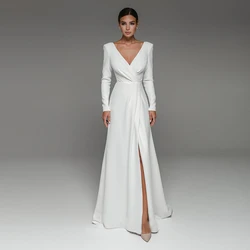 Vestido de novia blanco Civil de manga larga, vestido de novia Simple con abertura frontal, tren de barrido, cuello en V, fiesta de compromiso