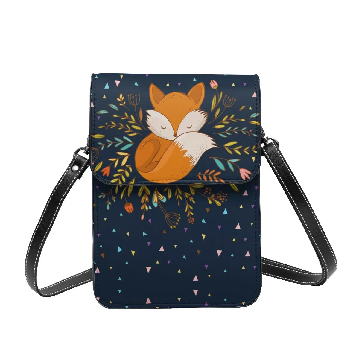 

Cute Fox Flowers And Triangles Shoulder Bag Animal School Woman Mobile Phone Bag Bulk Funny Leather Bags