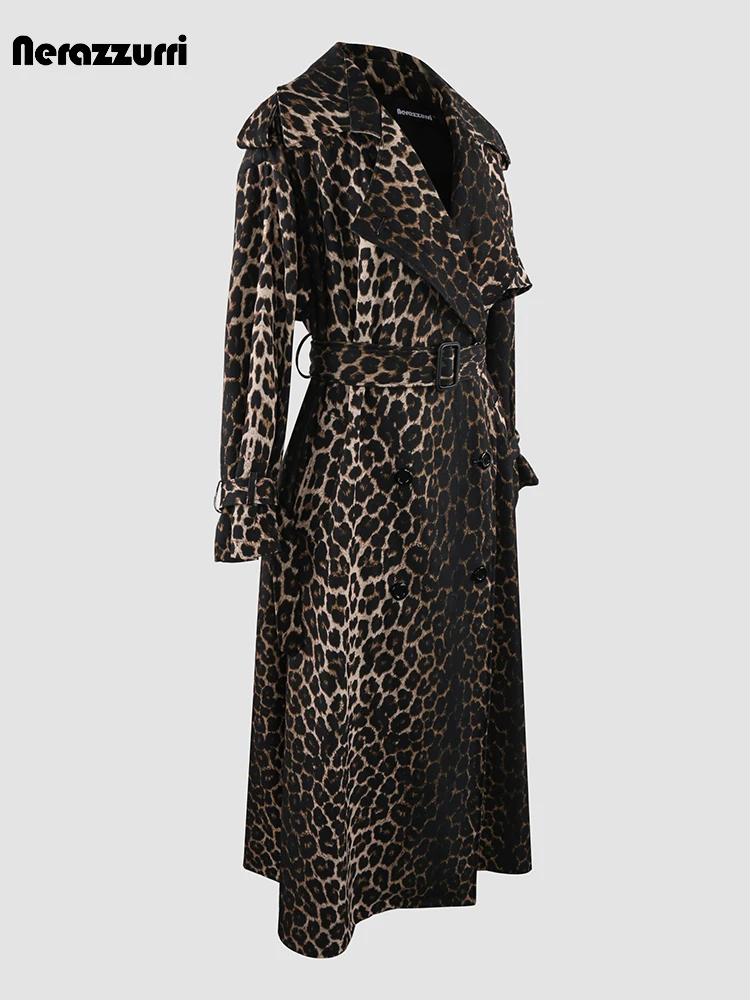 Nerazzurri Autumn Extra Long Oversized Leopard Print Trench Coat for Women with Back High Slit Double Breasted European Fashion