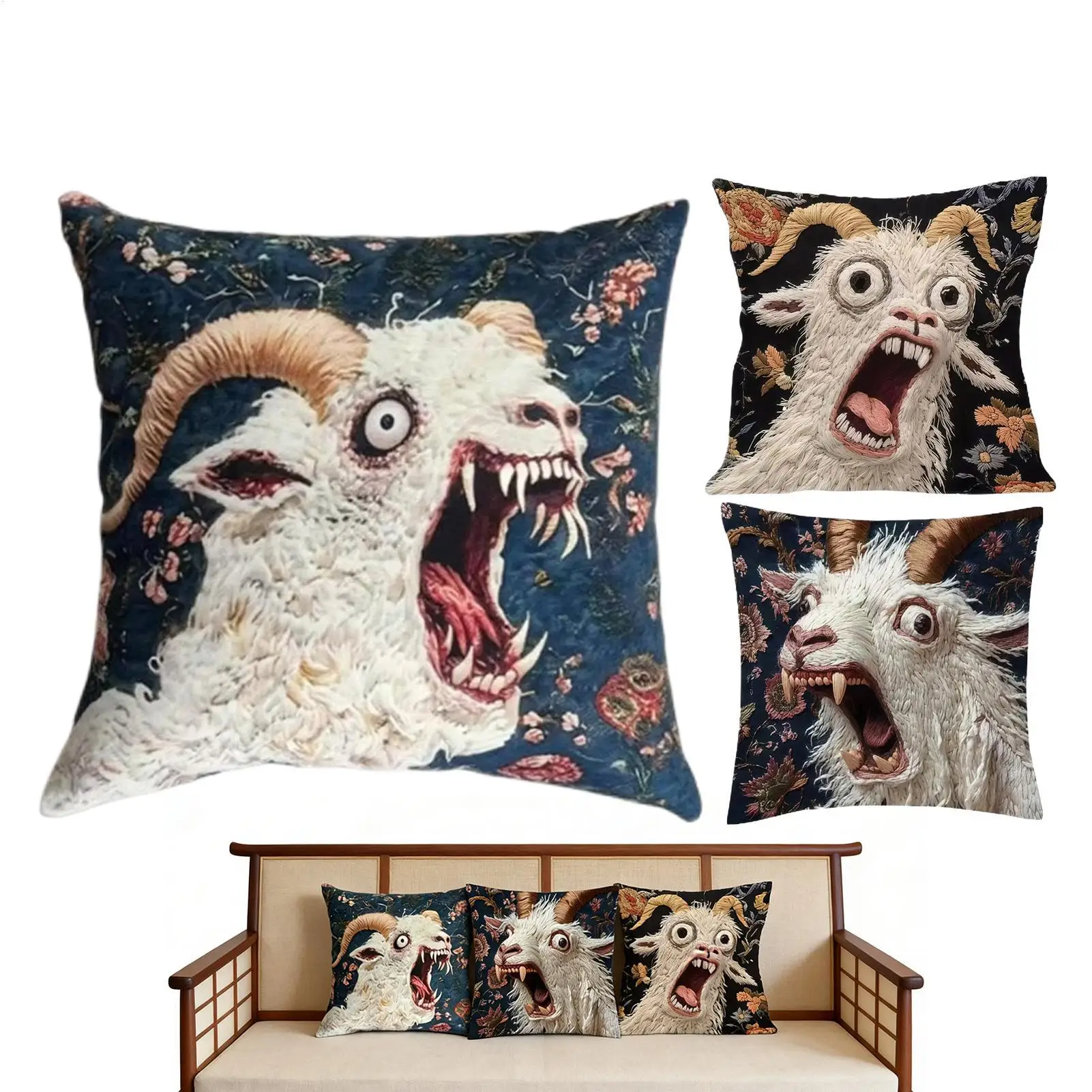 3pcs Spooky Goat Face Cushion Cover Soft Pillow Covers Funny Screaming Goat Home Decor Decorative For Couch Sofa Chair Bed