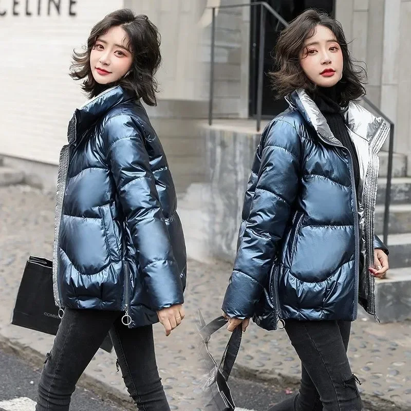 Light-reflecting Jacket Women Winter Warm Bread Parka Short Padded Casual Thick Stand-callor Oversized Cotton Coat Femme Parkas