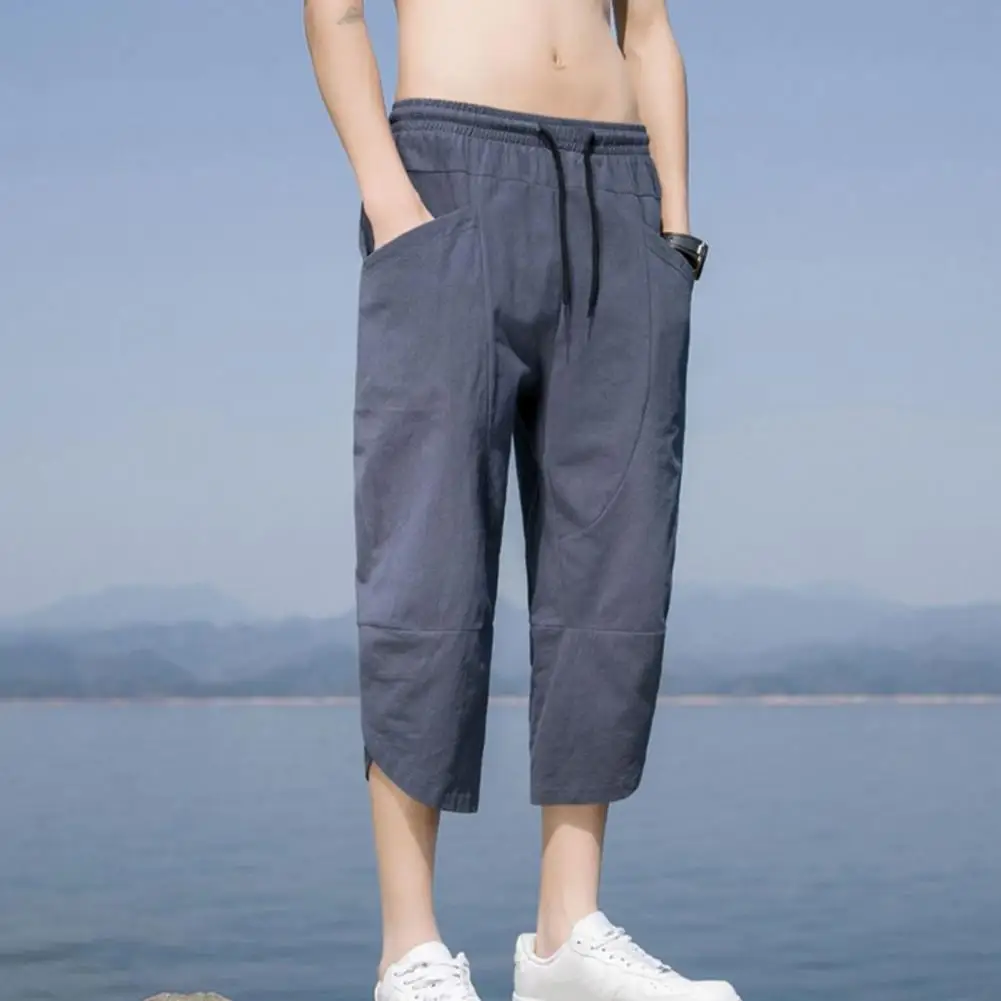 

Men Casual Pants Men's Casual Cropped Pants with Side Pockets Drawstring Elastic Waist for Gym Training Jogging Beach Activities