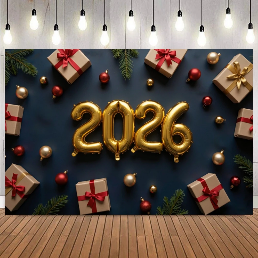 2026 السنة الجديدة صورة خلفية هدية صندوق نجمة الصنوبر فرع عيد الميلاد كرات الأسرة حفلة الاطفال صورة ديكور خلفية للتصوير الفوتوغرافي