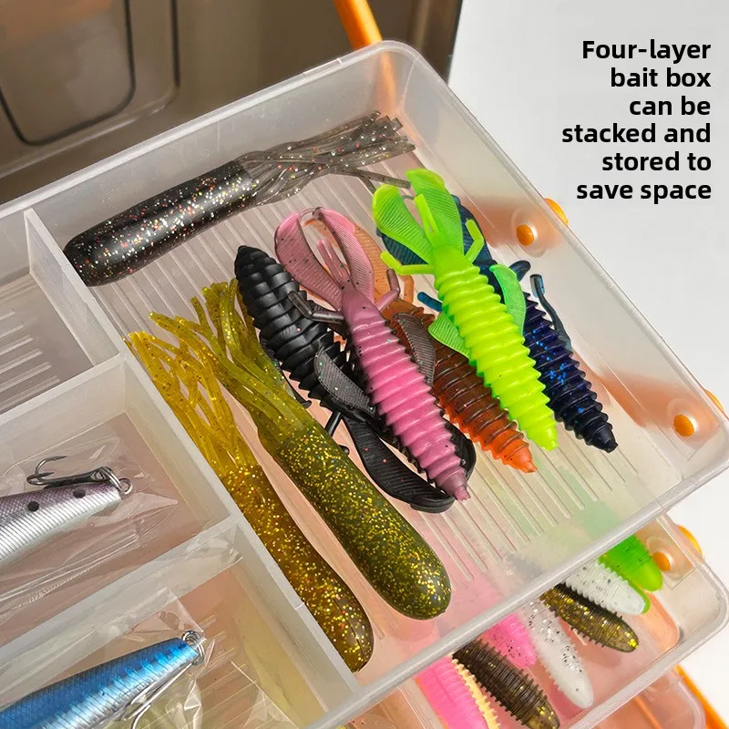 Large Four-Layer Outdoor Fishing Soft Bait Lead Head Hook 547-Piece Set Accessories Lure Bait Orange Tackle Box