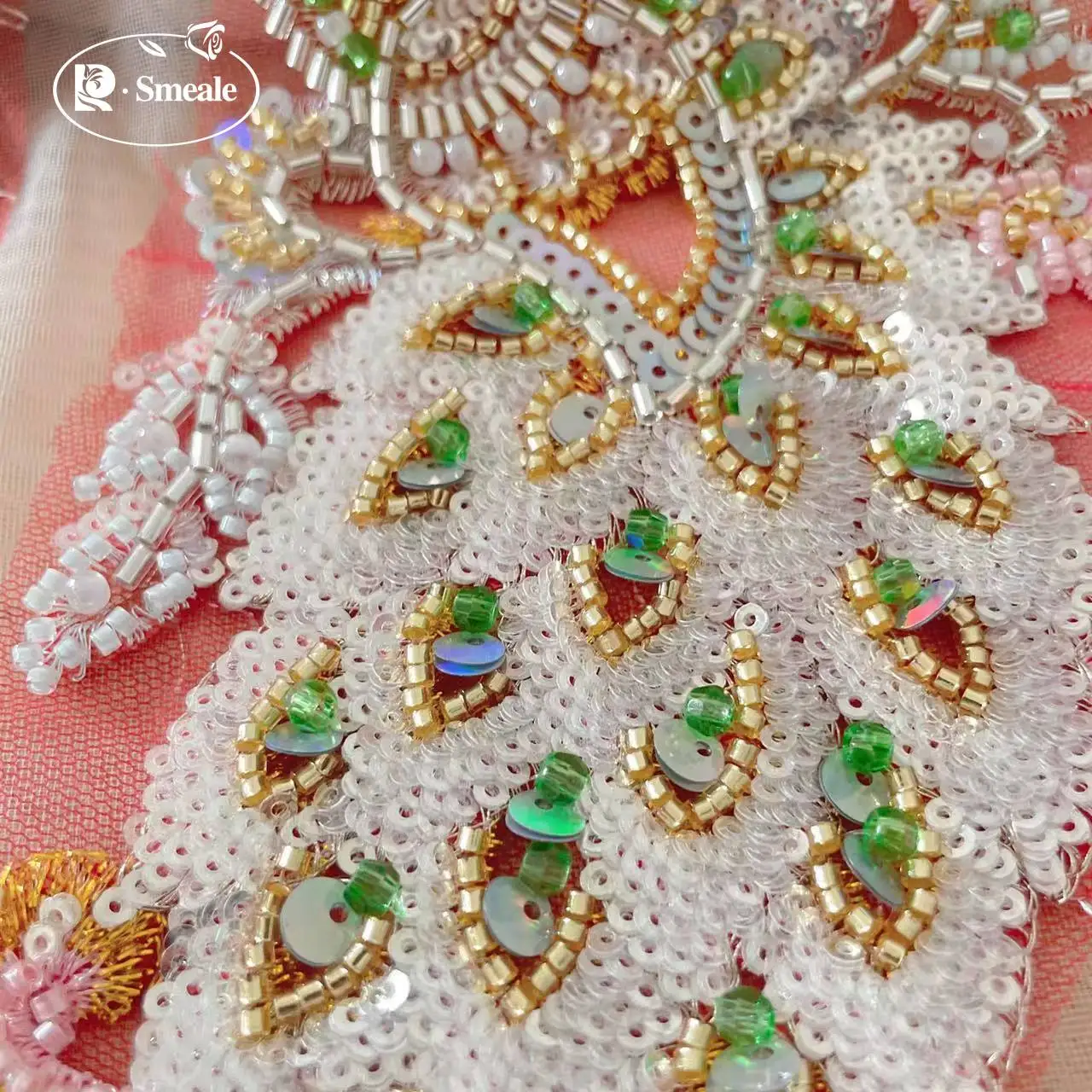 1Pair.Pearl Embroidered Peacock Mirror Flower.Dress Accessories . Beaded Tube Sequin DIY Patches Sewing. RS512001