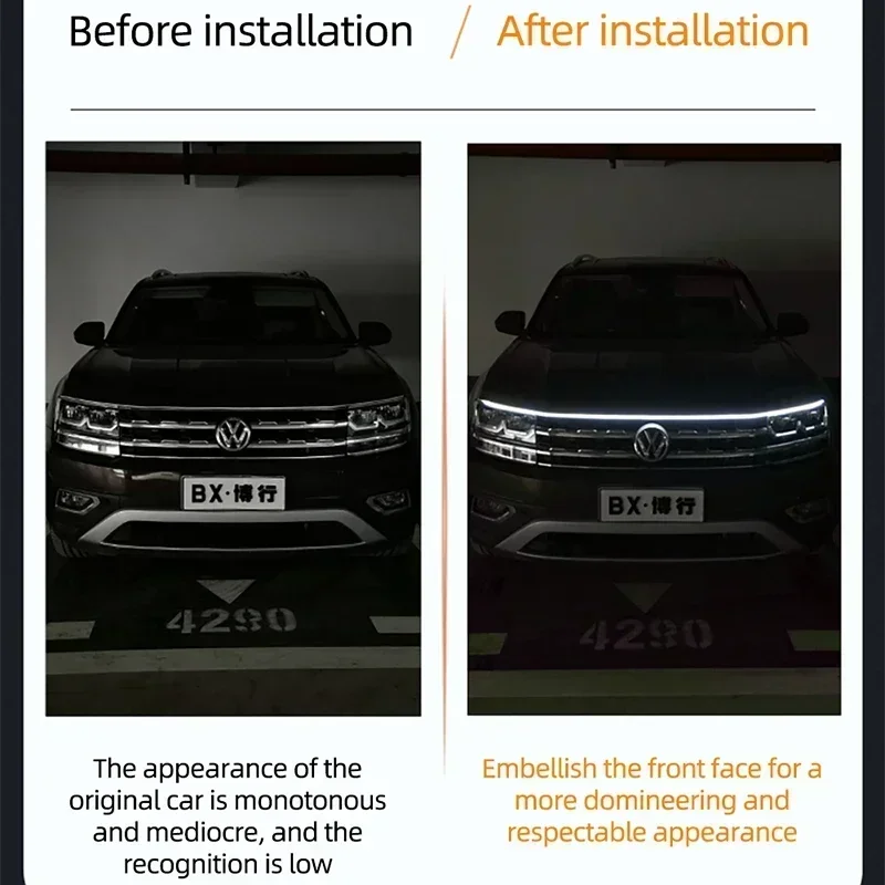 Fita de Luz LED Flexível para Capô de Carro 120cm 150cm 180cm, Luz Diurna Decorativa Automotiva, Lâmpadas de Ambiente DRL 12V