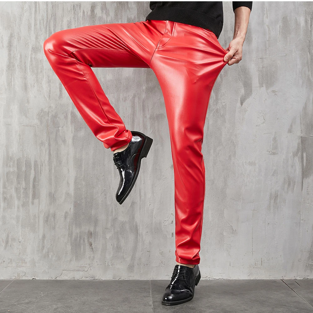 Herren-Lederhose, schmale Passform, Stretch, modische PU-Lederhose, Nachtclub, Party- und Tanzhose, dünn – Detail 10