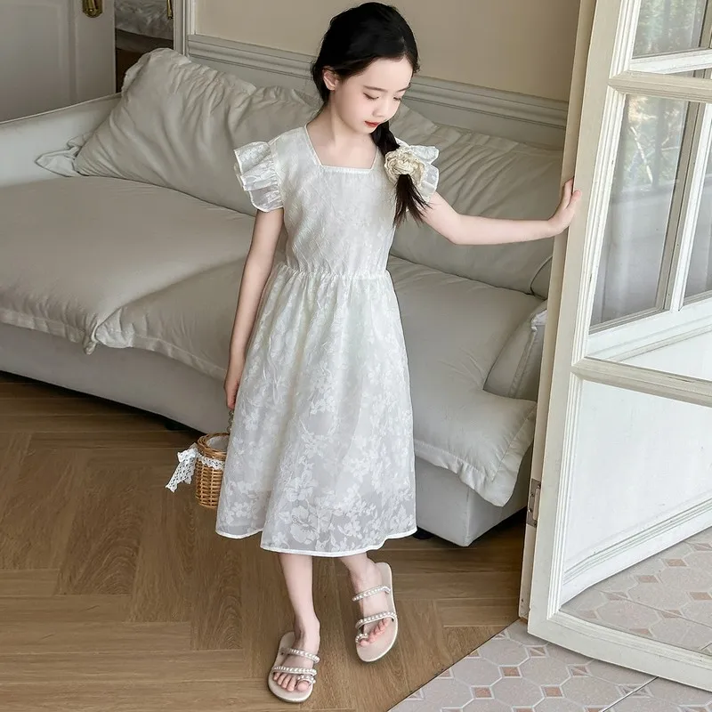 Summer junior girls Hollow Back Dress 120-170 white Lotus leaf sleeve Princess Dresses Sweet Flower teen kids clothes 10 12 14