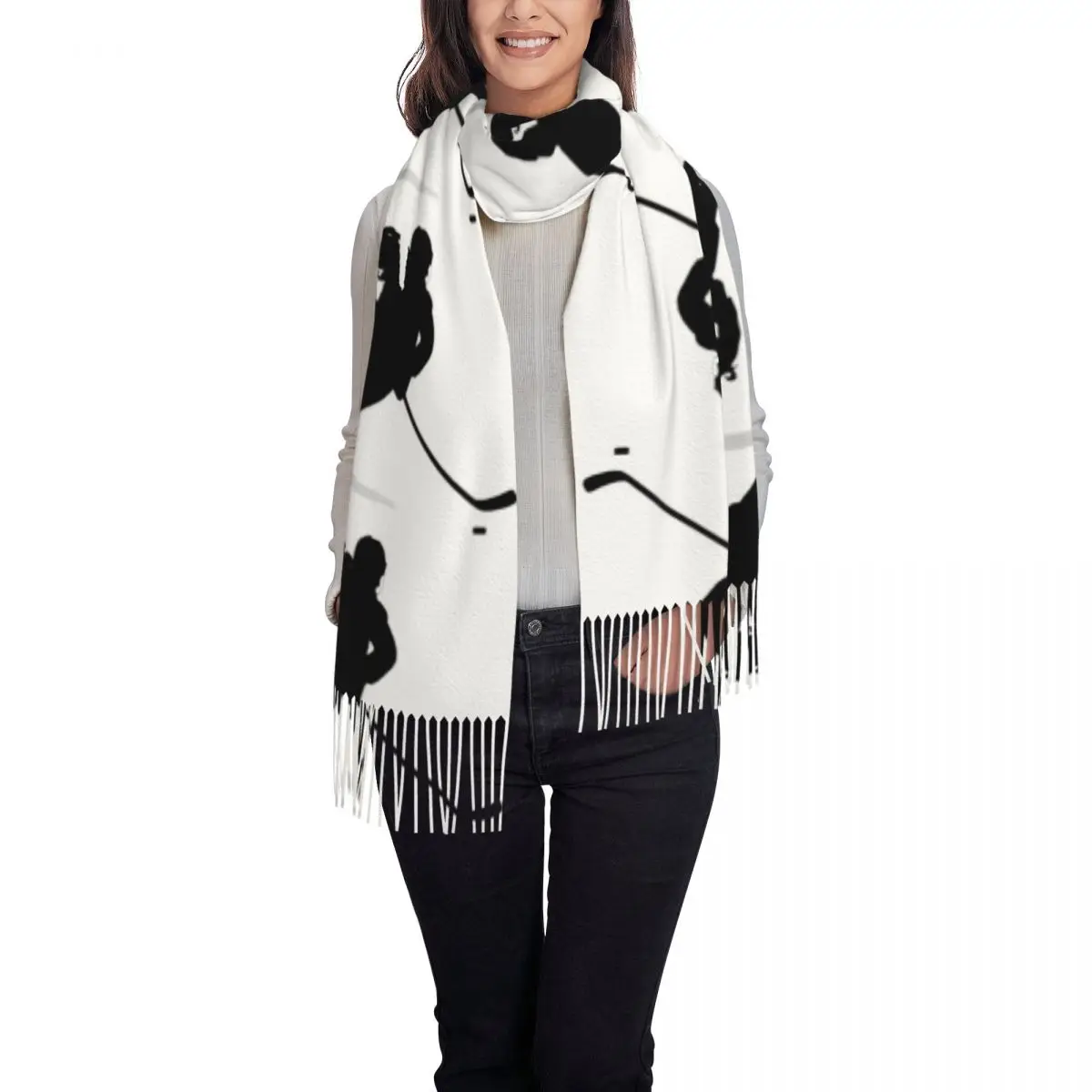 Hockey Players Ice Skaters Sports Scarf Tassel Scarves Women Soft Warm Shawls and Wraps Large Fall Winter Shawl Wrap