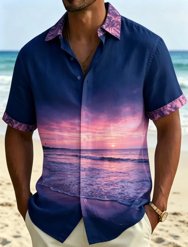 Men's All Round Tropical Scenery Themed Print Casual Shirt, Breathable Top For Summer Vacation Party Travel And Daily Wear