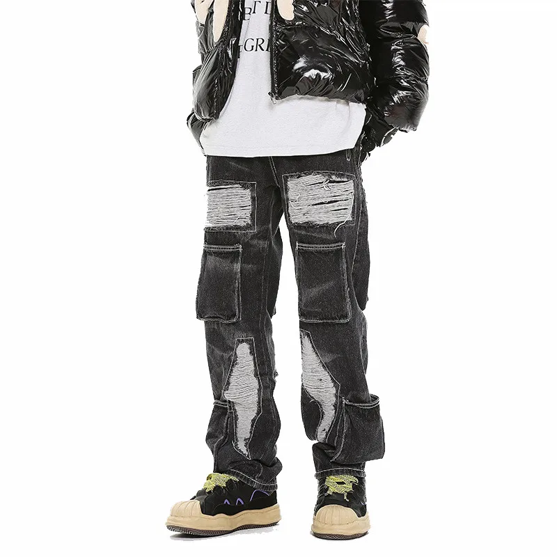 

Fashion Hi Street Destroyed Jeans Streetwear Loose Fit Hip Hop Ripped Denim Pants With Pockets Distressed Washed Trousers