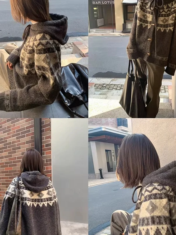 American Sle Thiened Fair Isle Knitted Open Cardigan ex Lazy Vintage Hooded Thiened Sweater Coat for Youth Casual Wear