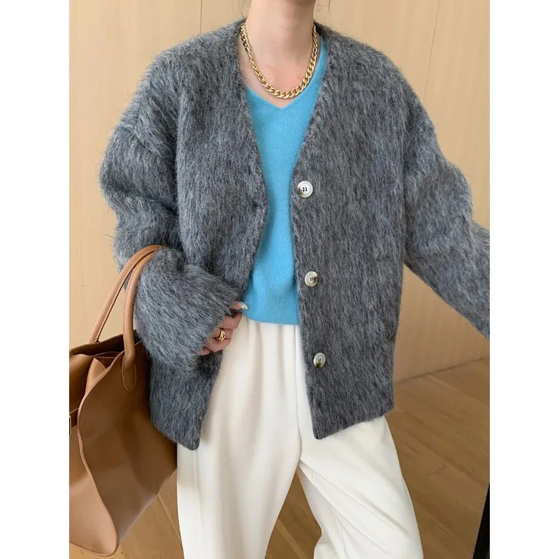 Fur V-neck Plush Thick Coat 2024 Autumn Oversized Woolen Jacket