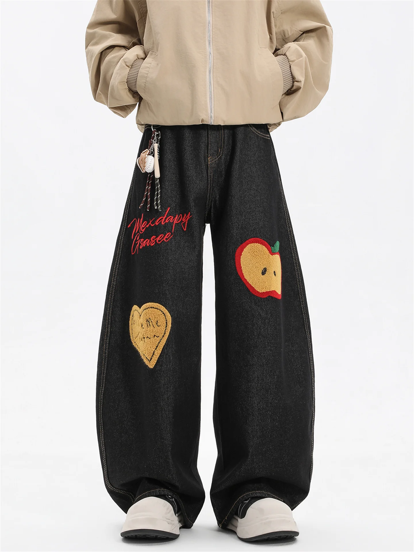 

American Sle Fun Embroidery Knife Jeans Men High Street Hip Hop Waed Retro Cool Wide Leg Floor-Length Pants