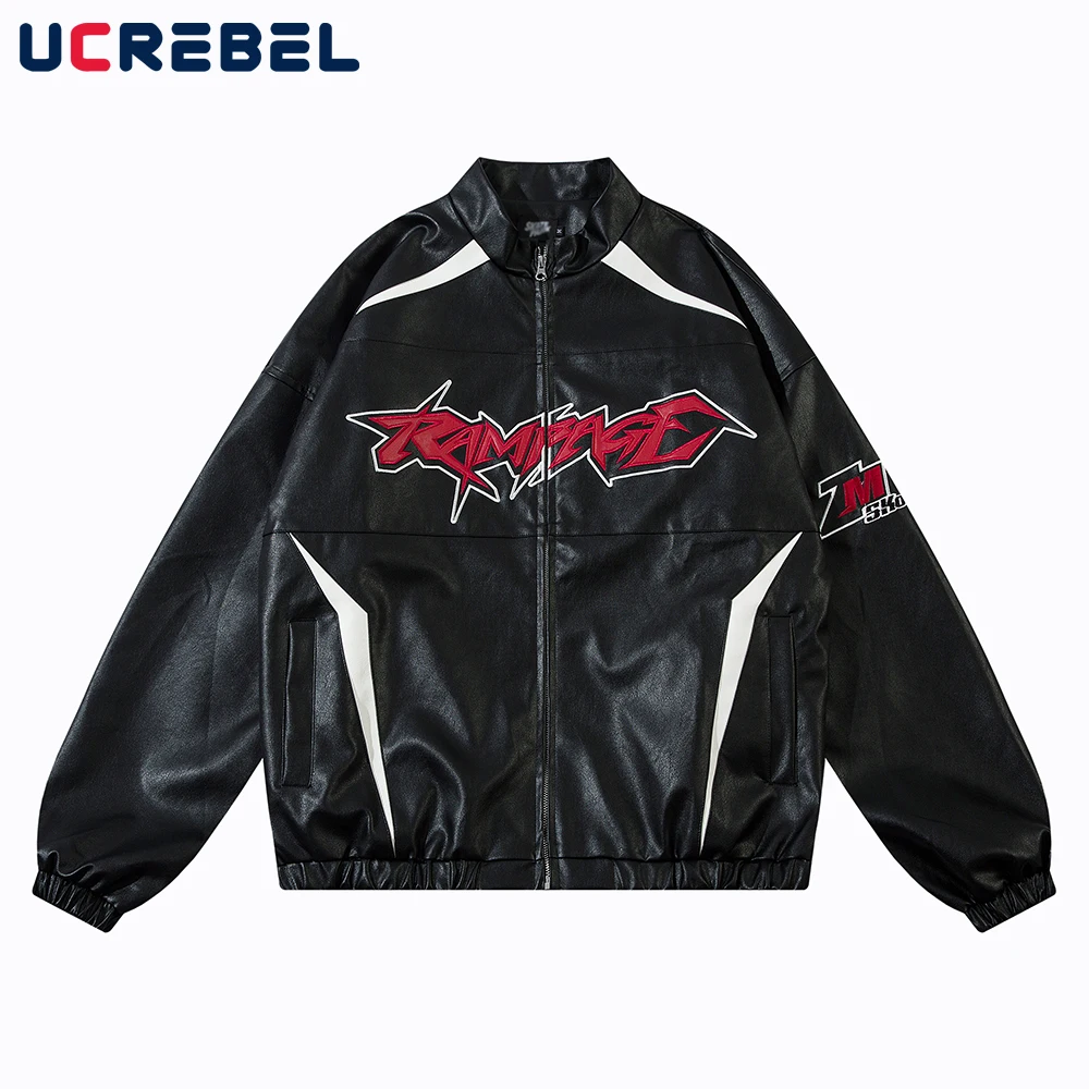 

Letter Embroidery Leather Jacket Mens Spliced High Street Autumn Winter Stand collar Long Sleeve Motorcycle Jacket