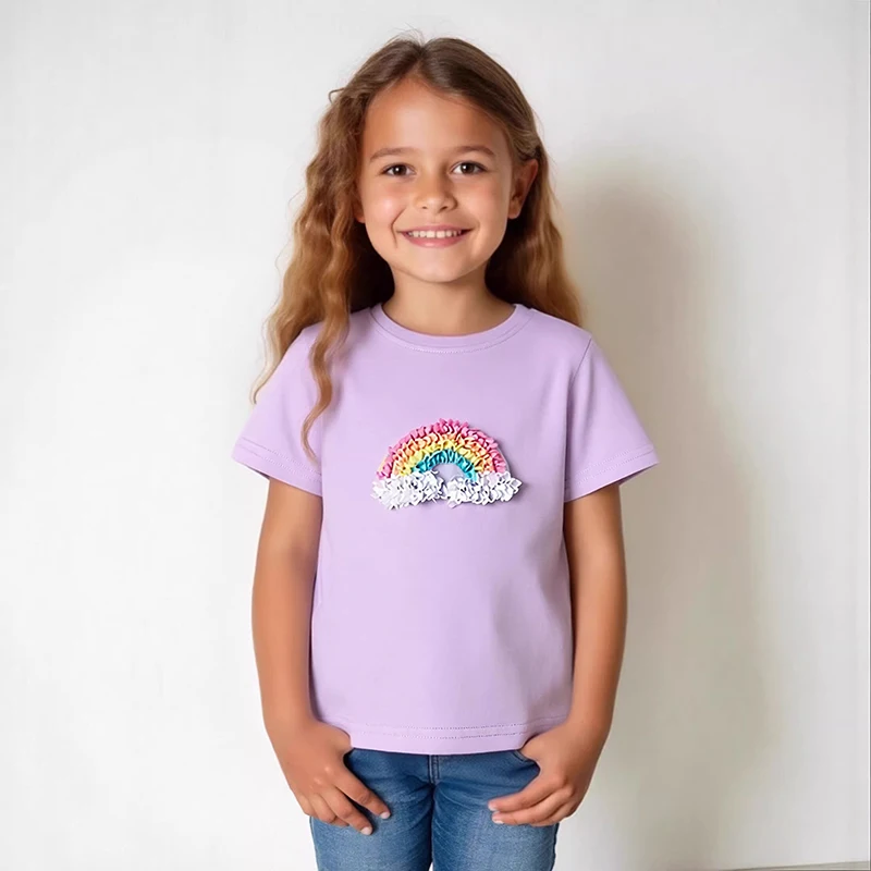 Little Maven 2026 Sommer-T-Shirt für Mädchen, Baumwolle, Kinderkleidung, Teenager-T-Shirts, Regenbogen-Applikationen, kurzärmelige Kinderkleidung
