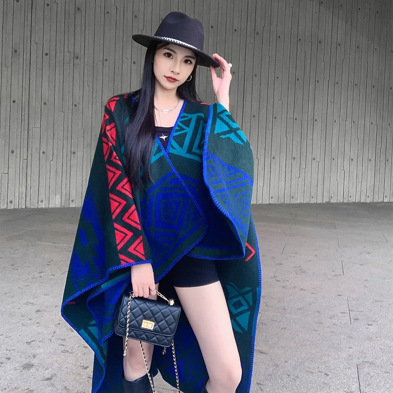 

Elegant Ethnic Scarf Floral Print Poncho Cape Coat Soft Cashmere Touch Blanket Shawl Women Windproof Travel Wrap Scarves