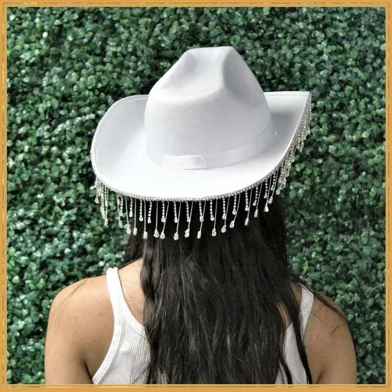 Rhinestone Fringe Westerse Cowboy Hoed Tiara Cowgirl Hoed Westerse Stijl Meisje Brede Rand Voelde Cowgirl Cap Kostuum Cosplay Party Hoeden