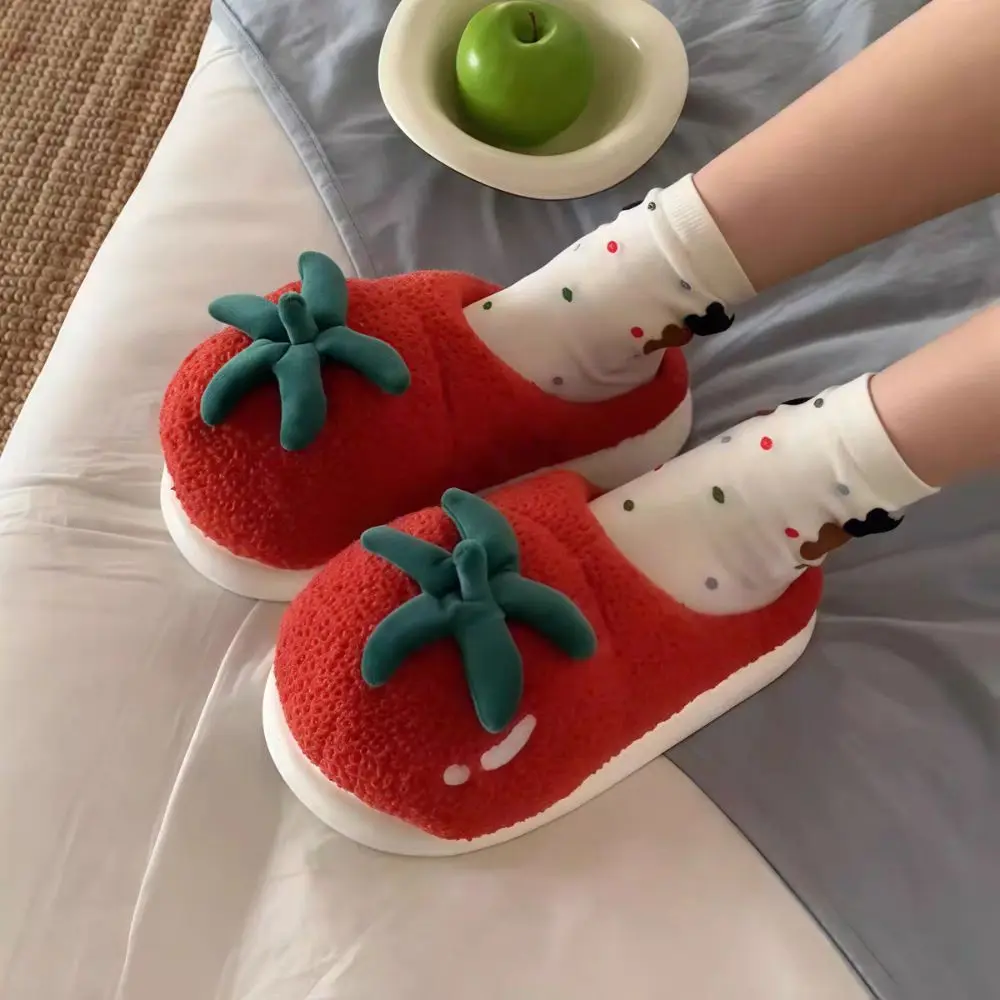 Homewear hiver en peluche tomate pantoufles épaissir chaud anti-dérapant dessin animé fourrure pantoufles doux mignon maison coton chaussures intérieur