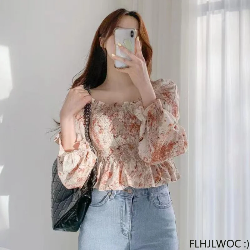 Floral Print Sexy Off Shoulder Women Blouses 2023 Spring Summer Flhjlwoc Design Short Crop Peplum Korea Chic Tops Blusas