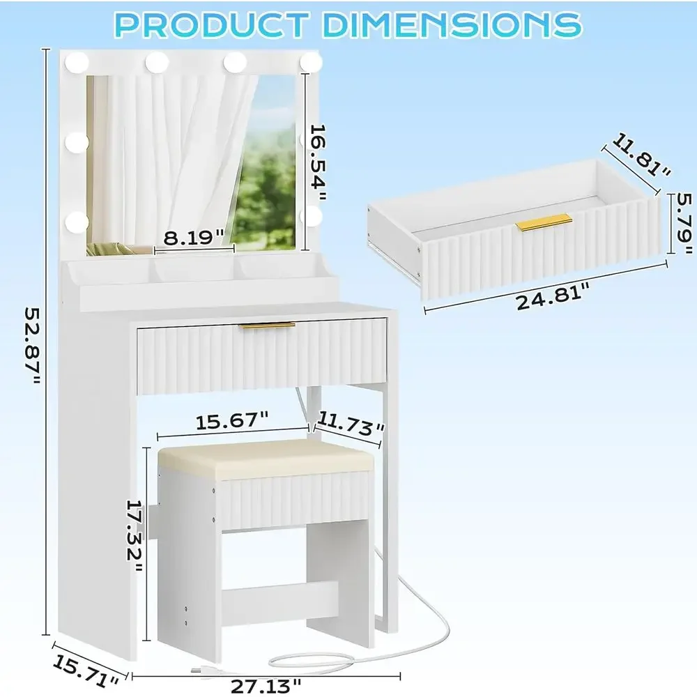 VINGLI luted Makeup Vanity Desk Set with Chair & Mirror & Lights & Power Outlet, Small Vanity Table w/ 1 Ders, White Dring Table
