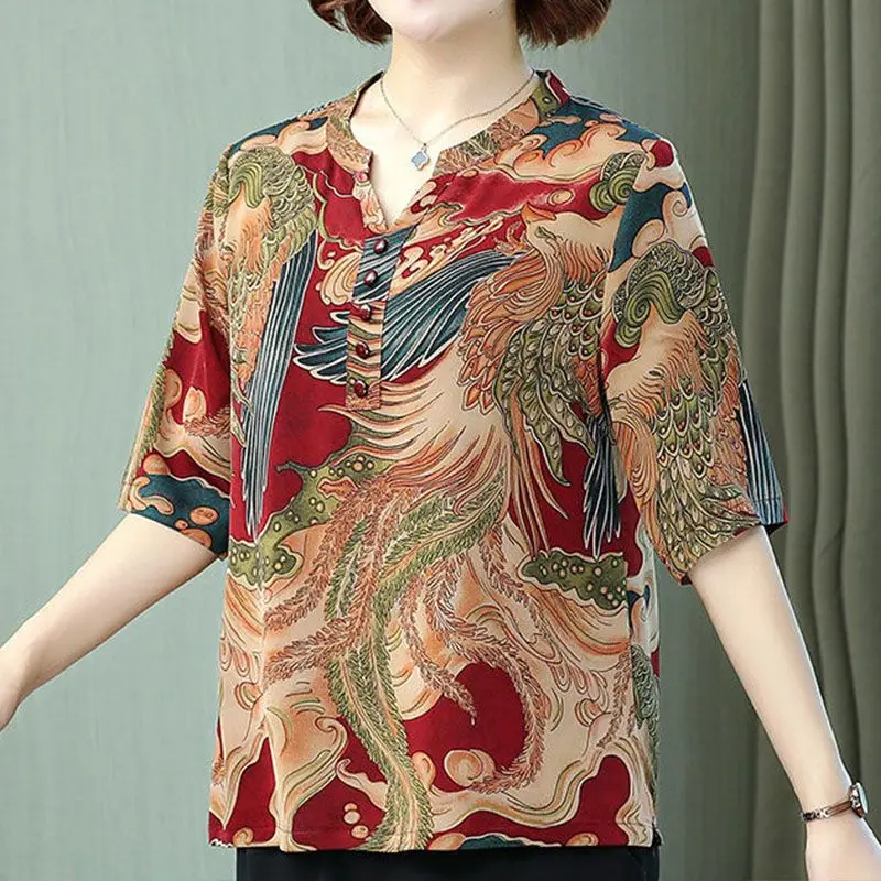 Printing Tops Women Half Sleeve Spring Summer 2022 New Vintage Korean Style Blouses V Neck Button Loose Casual Pullover T-Shirt