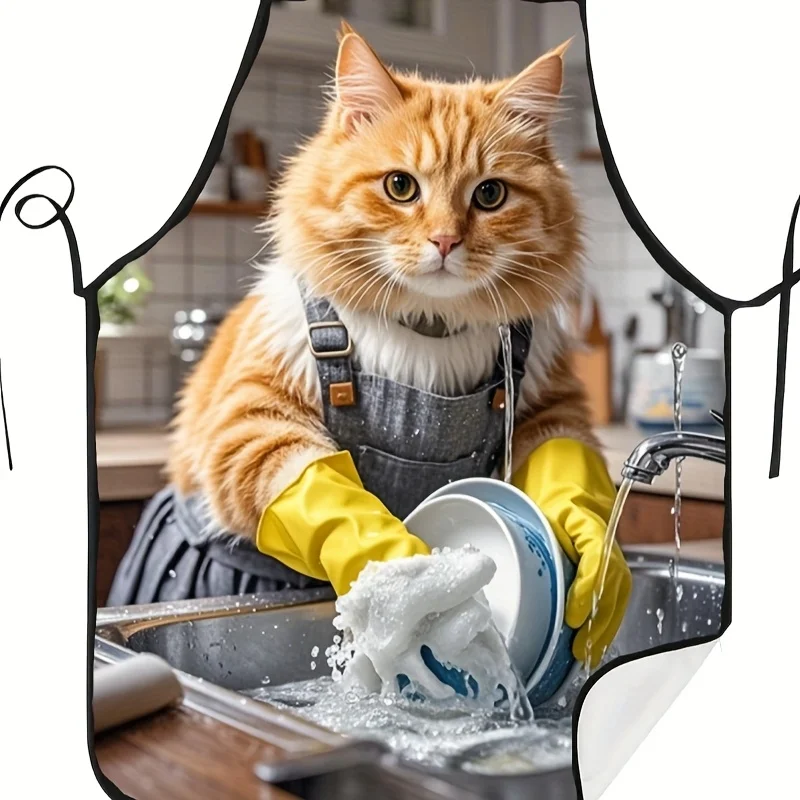 1pc 2D Flat Digital Print Apron, Featuring A Fun And Realistic Print Of An Orange Tabby Cat Wearing An Apron And Gloves While Wa