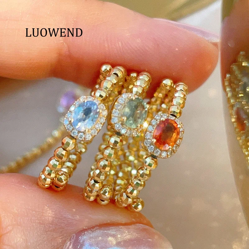 

Кольца LUOWEND из 100% желтого золота 18 карат, женские романтические нежные стильные кольца с блестящими бриллиантами, сапфировое кольцо натурального цвета, ювелирные изделия для помолвки