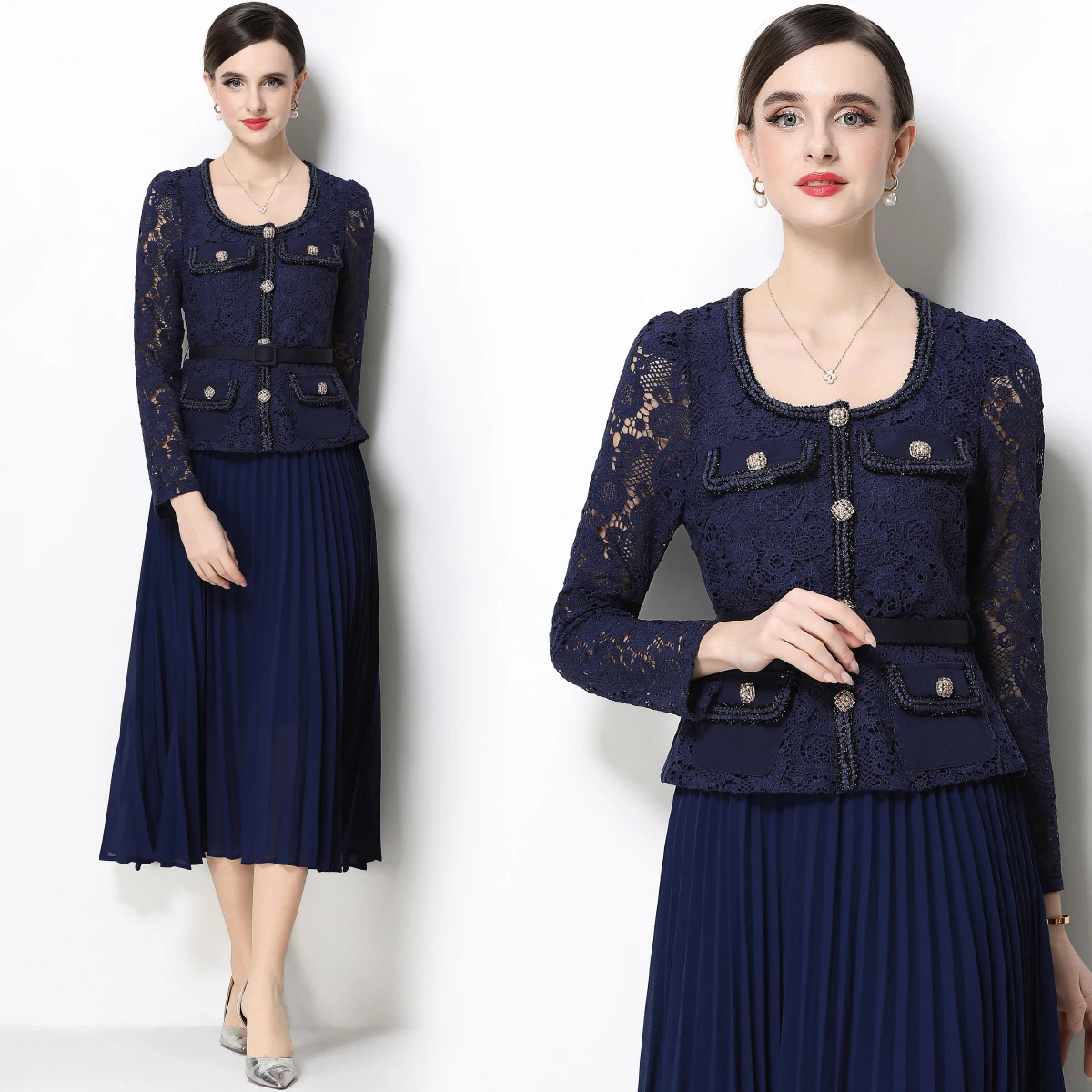 

Slimming Midi Lace Panelled Square Collar Pleated Skirt Elegant Commute High Waist Polyester Long Sleeve A-Line Dress